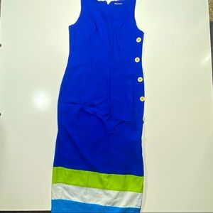 DL‎ Deborah Laws Blue Green White Striped Bottom Linen Sleeveless Midi Dress M